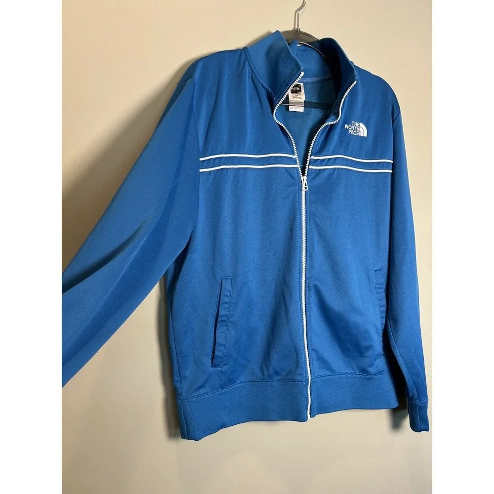 The North Face Men Large Blue Full Zip Track Stripe Athletic Outdoor gym jacket